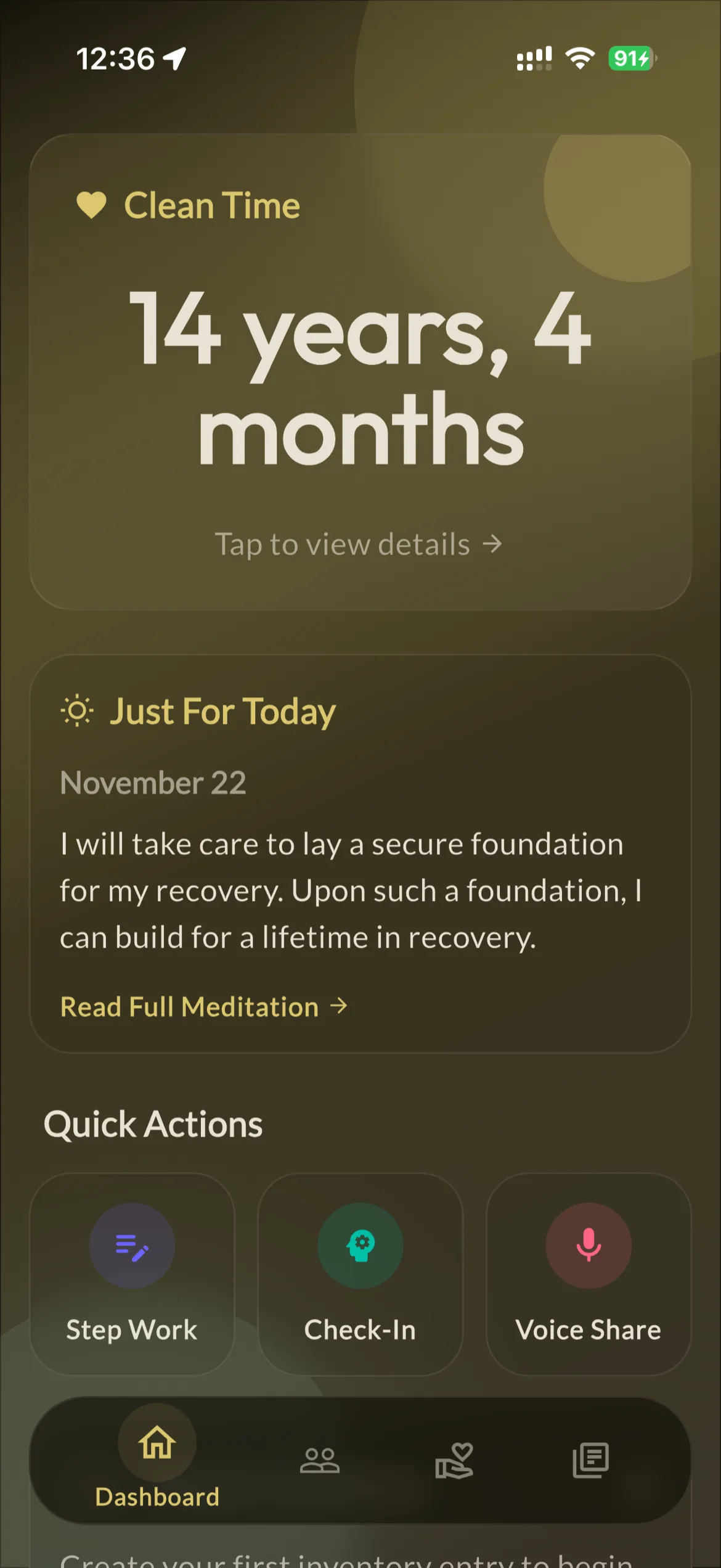 We Do Recover home screen showing clean time, today's reading and quick actions