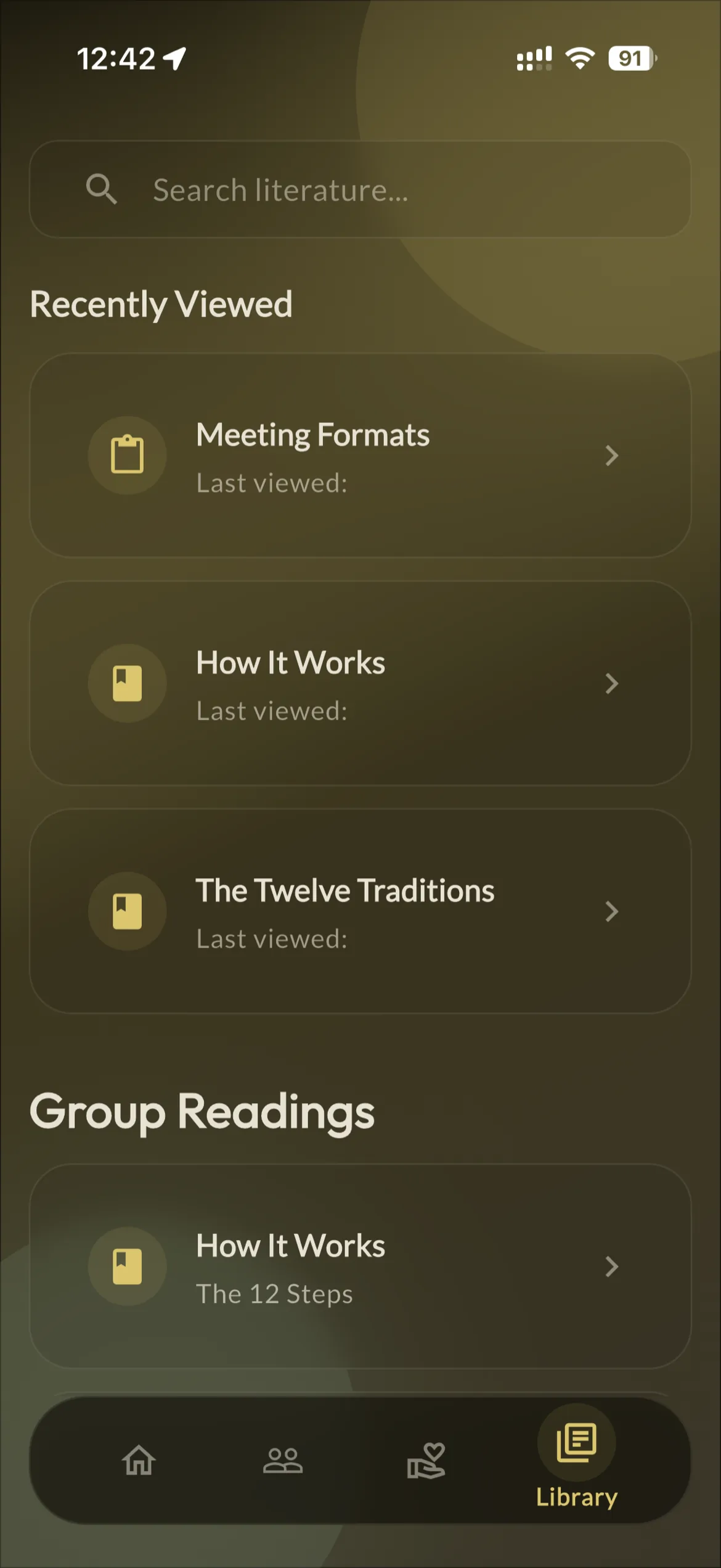Literature library screen with group readings, Just For Today and the Twelve Traditions