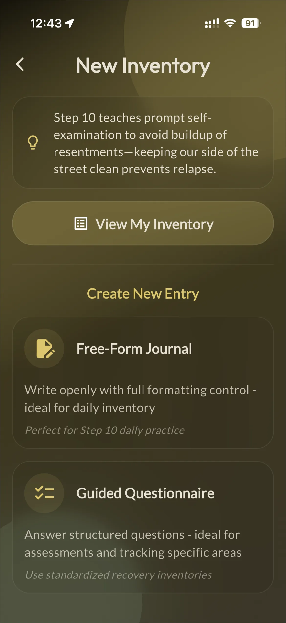 New Inventory screen with free-form journal and guided questionnaire options